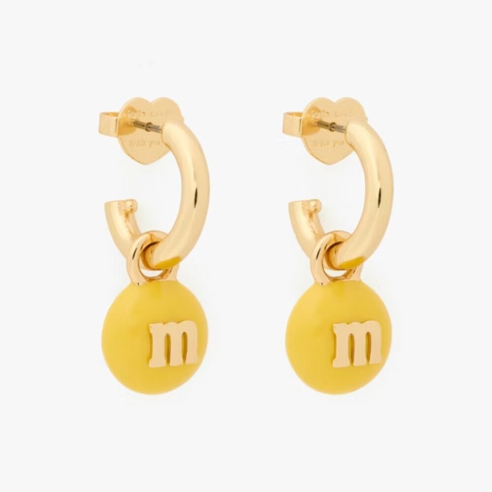 NWT Kate Spade M&M X Gold MandM Charm Huggie Hoop Earrings NEW MM Candy yellow